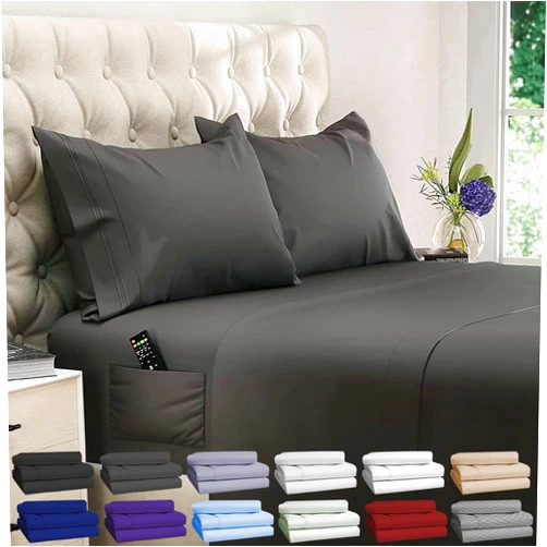DREAMCARE Twin XL Sheets Set Extra Long Deep Pocket Sheets Set 4 Piece Soft and Long Lasting 100% Fine Brushed Microfiber Polyester with Side Pocket Set, Gray