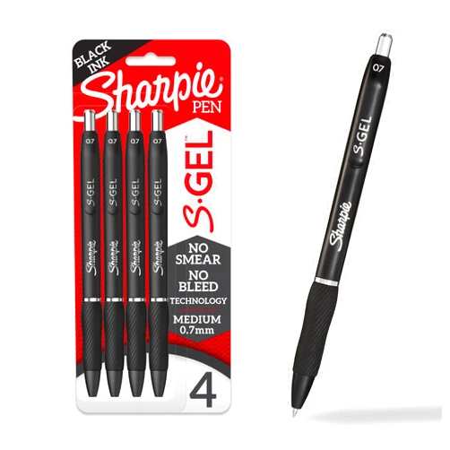 SHARPIE S-Gel, Gel Pens, Drawing Pens, Gel Ink Pens for Journaling, Writing Pens, Coloring Pens, Medium Point Pens (0.7mm), Black Ink Gel Pen, 4 Count
