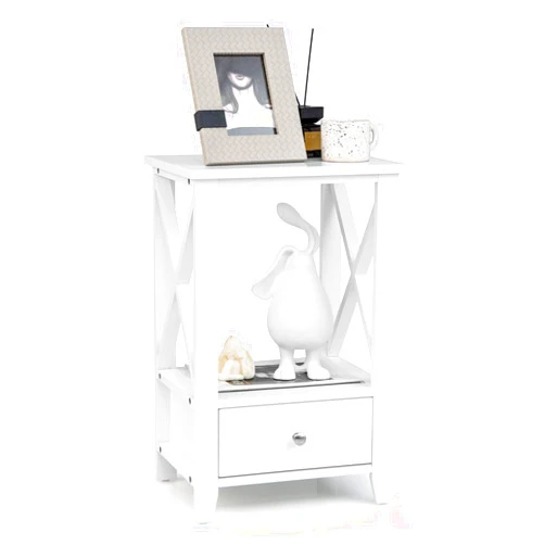 Giantex X-Design Nightstand, Modern 2-Tier End Table with Drawer and Storage Shelf, Versatile Bedside Tables, Wood Side Table Night Stand for Bedroom, Small Spaces, Easy Assembly, White