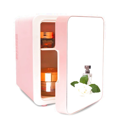 VNIMTI Mini Skincare Fridge 4 Liter/6 Cans, Portable Cosmetic Fridges with Makeup Mirror, Cooler & Warmer, AC & DC, Small Refrigerator for Bedroom, Car, Office, Outdoor (Pink - 4L)