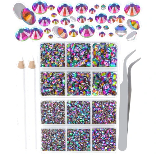 LPBeads 6000 Pieces Green Volcano Non Hotfix Rhinestones 6 Sizes Round Crystal Glass Flat Back Rhinestones with Tweezers and Picking Pen for Nail Art Crafts Clothes Bags DIY