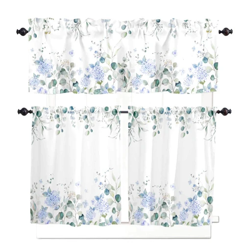 Yomandocix Blue Hydrangea Kitchen Curtains and Valances Set, Farmhouse Cafe Curtains Tier Rod Pocket Half Window Curtain 36 Inch Length Summer Eucalyptus Leaf Spring Butterfly 3 Piece Kitchen Curtain Set