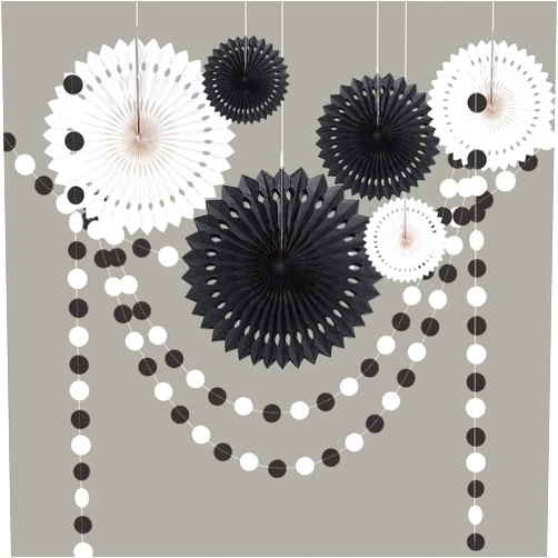 Cheerland Black White Party Decor for Halloween Theme Birthday Decoration Hanging Paper Fan Garland Streamer Banner Backdrop Wedding Bridal Baby Shower Party Supplies
