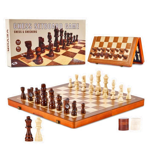 VEVOR Magnetic Wooden Chess Set,15 inch 2-in-1 Chess Checkers Game Set,Folding Chess Board Games,Christmas Crafts Xmas Gift,for Adults Kids,Beginner