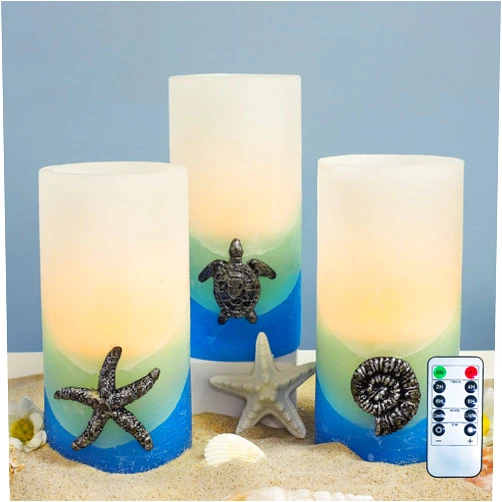 PETRISTRIKE Blue Flameless Candles, Nautical Themed Starfish, Conch, Seahorse Flickering Flameless Candles with Timer, Remote Set of 3 Pillar Led Candles for Wedding,Bedroom,Party,Gift