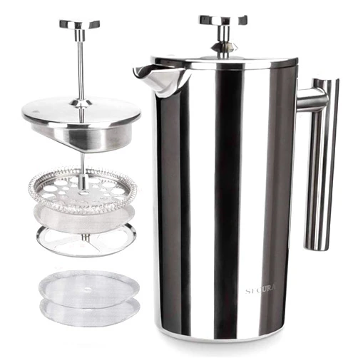 Secura French Press Coffee Maker, 304 Grade Stainless Steel Insulated Coffee Press with 2 Extra Screens, 34oz (1 Litre), Silver