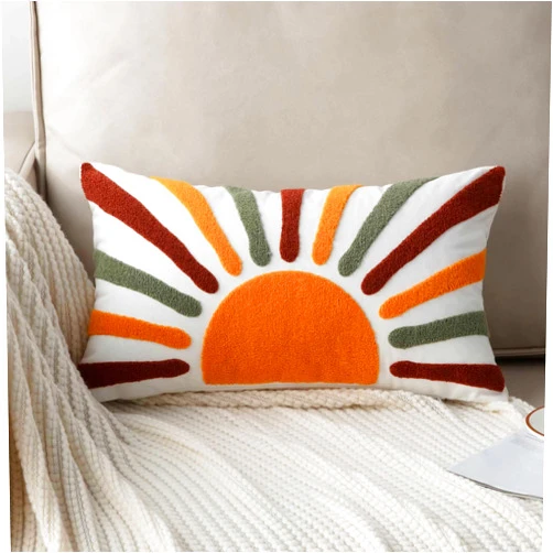 FAVDEC Embroidered Bohemian Style Sun Decorative Throw Pillow Cover, Lumbar Boho Sun Pillow Cover 12 Inches x 20 Inches Cover Only