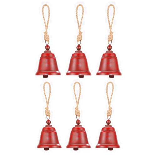 Emadgift 6 Pack Antique Red Christmas Jingle Bells,Liberty Bells,Vintage Bells,Metal Craft Bells with Jute Rope for Home Décor,Holiday Tree,Chiristmas Wreath,Wall,Window Hanging Ornament for DIY