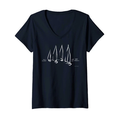 Sojourners Emporium Sailboat Collection Womens Sailboats on Open Water Nautical Theme Sailing Boating V-Neck T-Shirt