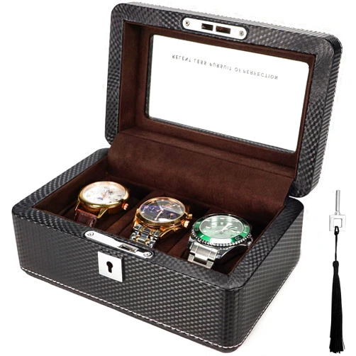 LIBOLXSP Premium Carbon Fiber Leather Watch Box for 3 Watches Lockable, Portable Storage with Glass Display Window Ideal Gift for Watch Collectors, Travelers Him/Her Brown Velvet