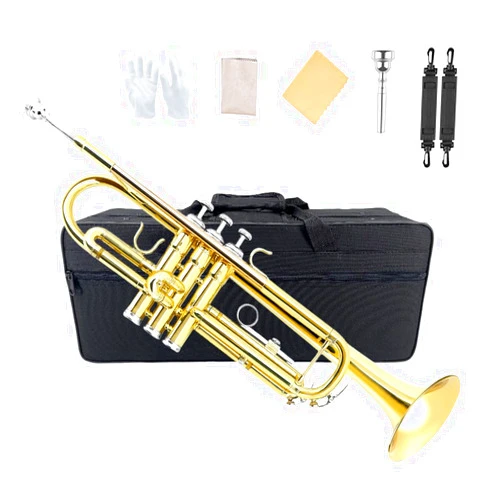 Yinfente Bb Standard Trumpet Set for Beginner or Advance Student, Brass Student Trumpet Instrument With Hard Case, 7C Mouthpiece, Cleaning Kit,White Gloves Glod