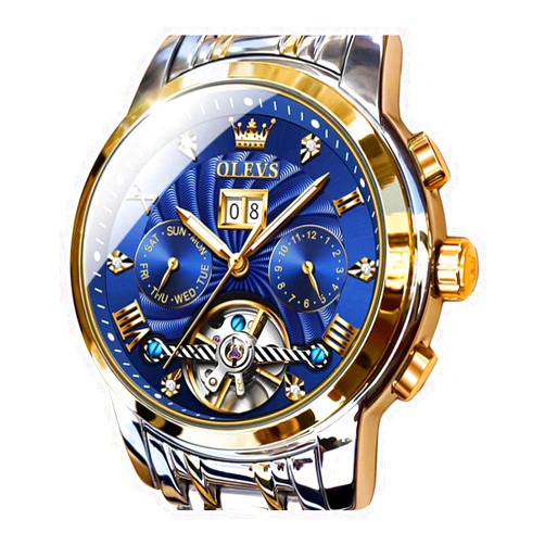 OLEVS Men Automatic Watch Skeleton 5 Hands Mechanical Classic Luxury Multi Calendar Stainless Steel Waterproof Wrist Watch for Men