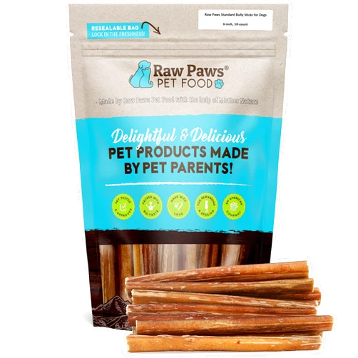 Raw Paws Standard Bully Sticks for Dogs -6 inch, 10-ct - Medium Bully Sticks for Dogs - Free Range Cows no Added Hormones - Junior Pizzle Sticks for Dogs - Long Lasting Bully Bones