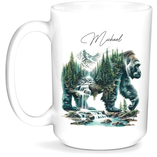 ROSNEL Waterfall And Forest White Mug, Nature Enthusiast Mug, Gorilla Lover Ceramic Cup, Personalized Unique Name Coffee Mug 11oz, Gorilla And Forest Design On Tea Cup