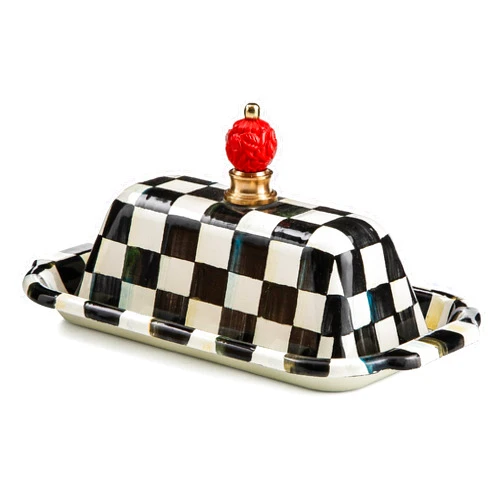 MACKENZIE-CHILDS Enamel Butter Box, Cute Lidded Butter Dish, Black-and-White Courtly Check