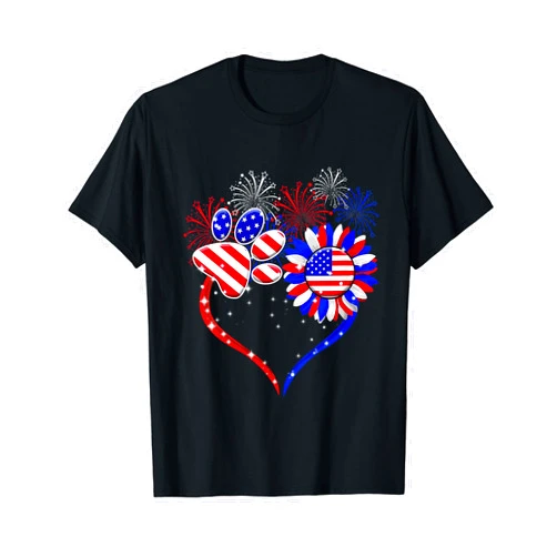 American Flag Patriotic Dog & Cat Paw Print - 4th Of July T-Shirt