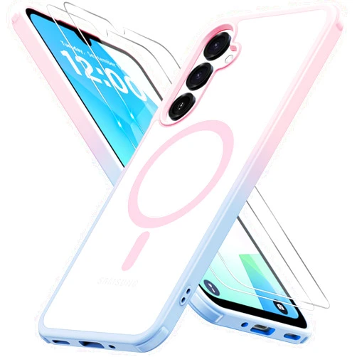 Iokmax for Samsung Galaxy A16 5G Case with 2X Screen Protector, Magnetic Military Grade Shockproof Case Translucent Back Slim Rugged Bumper Cover for Galaxy A16 5G Phone Case-6.7 inch, Pink-Blue