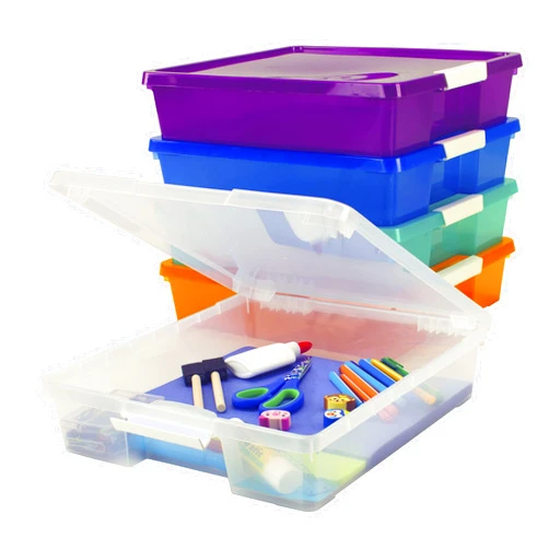 Storex Classroom Student Project Box, Plastic, 15.25 x 13.25 x 3.25 inches , Assorted Tints, 5-Pack (63202U05C), standard sized