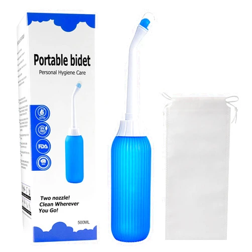 Brigtviee Portable Bidet for Perineal Cleansing, Upside Down Peri Bottle for Postpartum Care, 16.9oz/500ml Perineal Bottle with Dual Nozzles and Retractable Conduit and Travel Bag,Blue