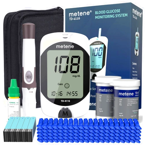 Metene TD-4116 Blood Glucose Monitor Kit, 100 Glucometer Strips, 100 Lancets, 1 Blood Sugar Monitor, Blood Sugar Test Kit with Control Solution, Lancing Device, No Coding, Large Display