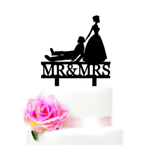 YzYbuaego Bride Dragging Groom Cake Topper, Funny Wedding Cake Decor, Mr and Mrs Cake Topper