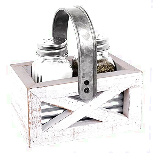 Autumn Alley Barn Door Farmhouse Salt and Pepper Shakers Set in White and Galvanized Caddy - Shabby Chic Salt & Pepper Shakers for Country Kitchen