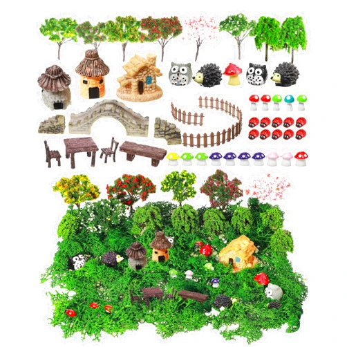 Canlierr 58 Pcs Mini Garden Accessories Set Fairy Village Miniature Fairy House Starter Kit Mini Terrarium Figurines Micro Landscape Mixed Model Tree Diorama Supplies for DIY Succulent Dollhouse Craft