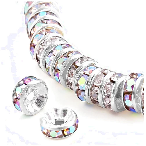 WHEAZIENS 200Pcs 6mm Rondelle Spacer Beads Silver Plated AB Color Crystal Rhinestone for Jewelry Making Loose Beads for Bracelets