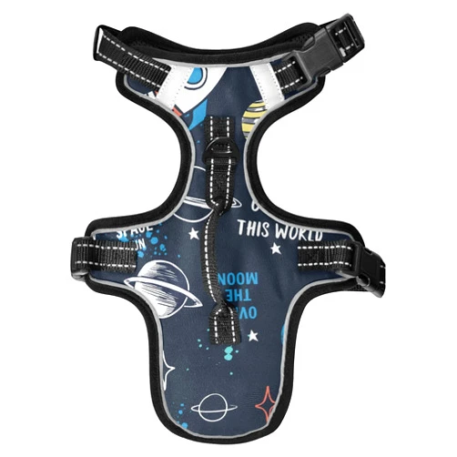 Poeticcity Space Doodle Cartoon Space Rockets, Planets, Stars, Moon, Slogans No Pull Vest Harness, Padded Reflective Adjustable Harnesses for Small to Large Dogs Cats with Leash Clips Easy Control Handle M