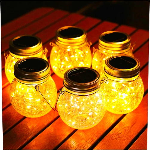 Cooo 2 Pack Solar Lanterns Outdoor Waterproof Hanging Crack Glass Lanterns 30 LED Fairy Lights Garden Patio Porch Yard Backyard Balcony Lawn Tree Deck Table Decor Mason Aluminum lid - Medium Lantern