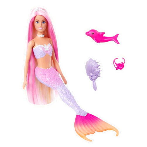 Barbie Mermaid Doll, “Malibu” with Pink Hair, Styling Accessories, Pet Dolphin and Water-Activated Color Change Feature