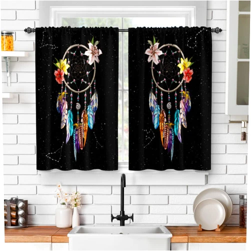 Jekeno Wind Chimes Black Kitchen Curtains: Fantasy Short Curtains for Kitchen Window Dreamcatcher Rod Pocket Romantic Dream Catcher Window Drapes 45 Inch Length 2 Panels Set