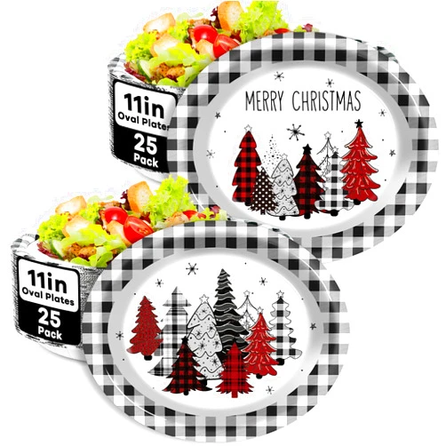 Wiooffen 50 PCS Buffalo Plaid Christmas Tree Party Oval Paper Plates Xmas Tree Buffalo Plaid Disposable Platters 11 Inch Merry Christmas Plates Dinnerware Serving Tray for Holiday Dinner Party Supplies