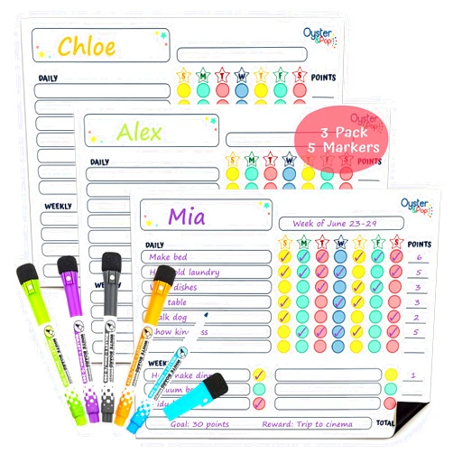Oyster&Pop Magnetic Chore Chart 3Pcs for Multiple Kids & Adults - 5 Fine Tip Markers - Dry Erase Refrigerator Boards - Reward Good Behavior & Responsibility - Organize The Family