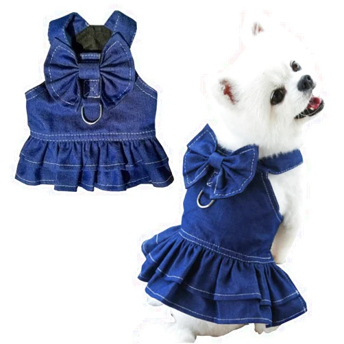 ANIAC Denim Dog Dresses for Small Dogs Puppy Girl Clothes with Leash Ring and Cute Bow Knot Summer Cat Apparel with D-Ring Blue Girl Dog Clothes (Dar blue,Large)