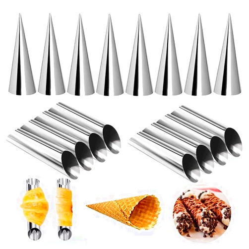 YsesoAi Set of 16 Stainless Steel Cannoli Form Tubes, Cream Roll Mold, Diagonal Shaped, Free Standing Cone Shape (8 Pcs Each Style)