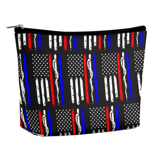 CWECVWE Travel Makeup Bag, Portable Waterproof Cosmetic Bag American Thin Red Blue Line Police Firefighter EMT Flag, PU Leather Large Capacity Makeup Pouch, Toiletry Bag with Zipper for Women