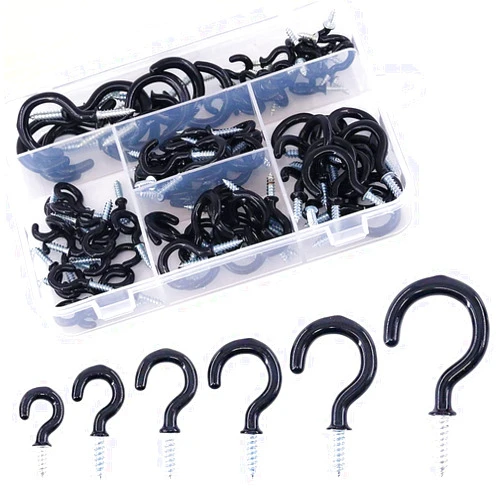 NureBe 100-Pieces 6 Sizes Black Coffee Cup Hooks Kit, Vinyl Coated Ceiling Cup Hooks Screw in Ceiling Hooks for Home, Office and Workplace - 1/2
