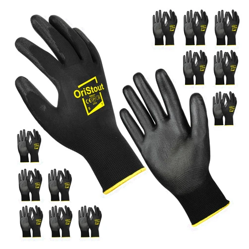 OriStout Work Gloves Bulk Pack of 12, Super Lightweight & Breathable, Men's Safety Garden Gloves, PU Coated Working Gloves (Small, Black)