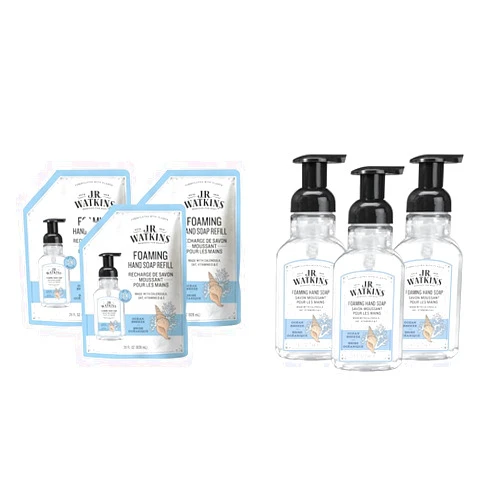 J.R. Watkins Foaming Hand Soap Ocean Breeze, Moisturizing Foam Hand Wash Refill 28 fl oz 3 Pack and Foaming Hand Soap with Pump 9 fl oz 3 Pack