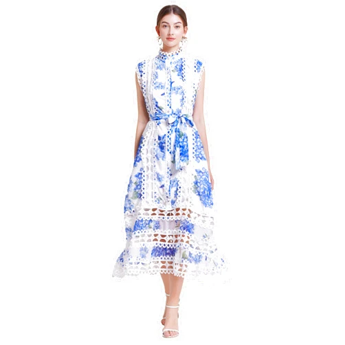 LAI MENG FIVE CATS Women's Sleeveless Hollow Out Lace Button Up Casual Midi Party Loose Dress with Belt