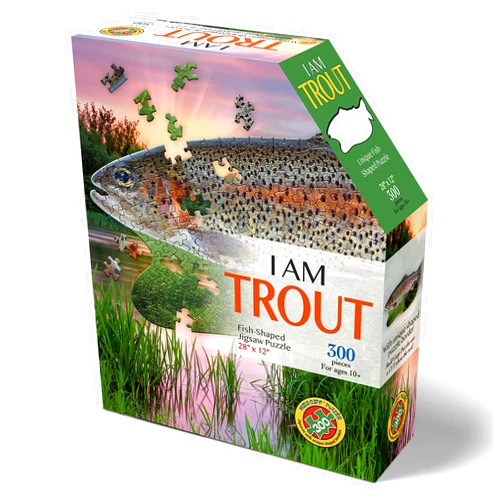 Madd Capp: I AM Trout - 300 Piece Jigsaw Puzzle- Fish-Shaped Puzzle, 28x12 Finished Size, Includes Fun Facts Booklet
