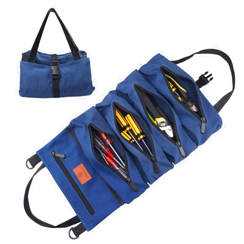 Wessleco Roll Up Tool Bag, 16OZ Canvas Wrench Roll Up Pouch Multi-Purpose Tool Roll Organize, 5 Zippered Tool Pockets (Blue)