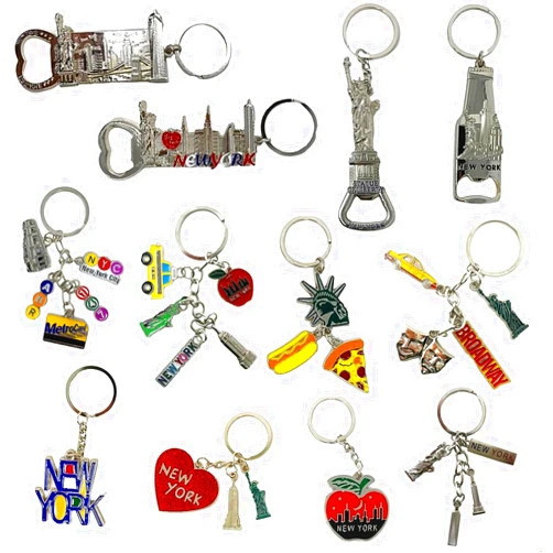 TSY TOOL 12 Pack Silver NYC Souvenir Keychain Collection, New York Metal Keychain Ring Bundle, Bulk, Includes Statue Of Liberty, Empire State, Broadway, Metro, Taxi, Big Apple, 4 Pc Bottle Opener