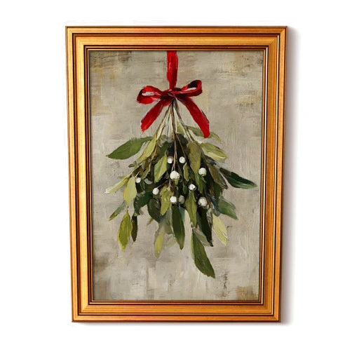 InSimSea Gold Framed Christmas Wall Art, Vintage Canvas Prints Decor, Mistletoe Paintings Wall Shelf Decor, Farmhouse Pictures for Winter Bedroom Holiday Decoration Gifts, 12x16inch