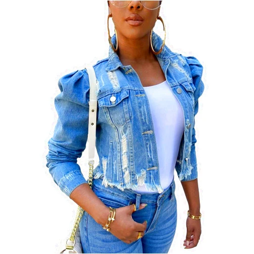 Omoone Women's Ripped Puff Sleeve Denim Crop Top Long-Sleeve Cropped Jean Jacket