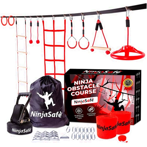 NinjaSafe Ninja Obstacle Course for Kids Backyard - 10 Durable Obstacles and 50' Slackline - Outdoor Warrior Obstacle Playset Equipment for Girls & Boys with Monkey Bars, Ladder, Wheel, Gymnastics, Climbing Net