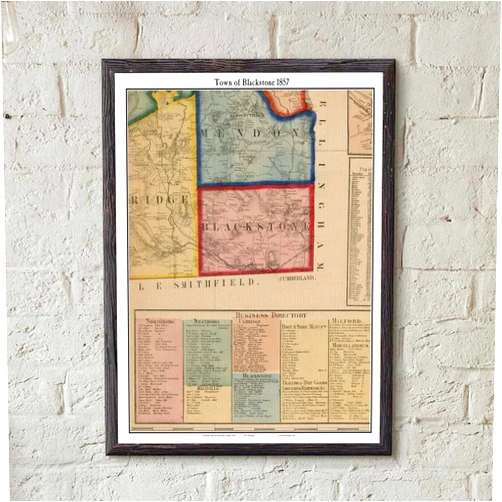 MG Global Historical Poster of Old Blackstone 1857 Massachusetts Worcester County | 11x17 12x18 16x24 24x36 Unframed Print Wall Art Gift | Vintage Antique Decor