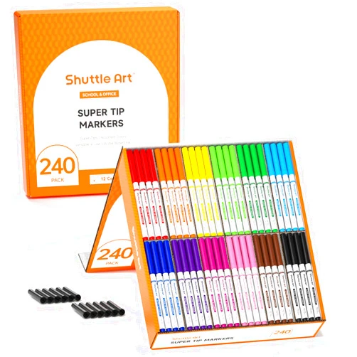 Shuttle Art 240 Pack Washable Super Tips Markers, 12 Assorted Colors Conical Tip Large Markers Bulk with a Box, Bonus Caps, Home Classroom School Supplies for Toddlers Kids Adults Students Teachers