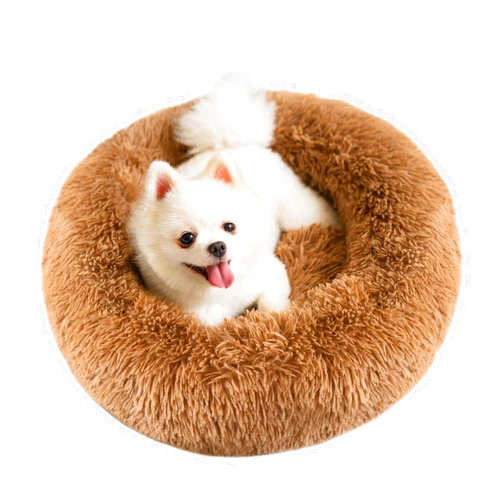 SPUNKYJUNKY Dog Bed Plush Calming Round Donut Pet Beds Washable Fuzzy Pet Comfy Cuddler Beds Anti Anxiety for Cat Small Dogs Medium Large Size Dog Brown Basic(20×20 inch)